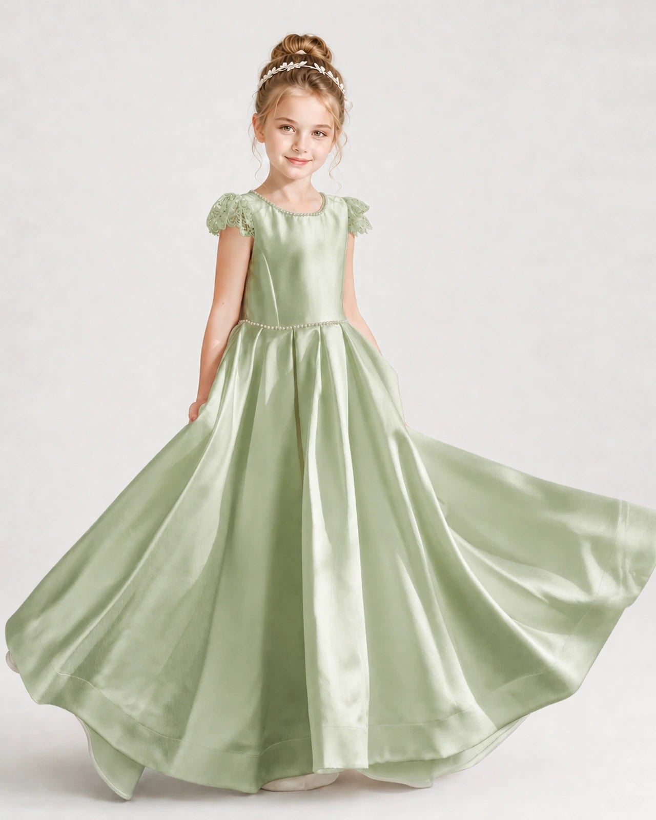 Dideyttawl Satin Girl Formal Dress with Lace Cap Sleeves