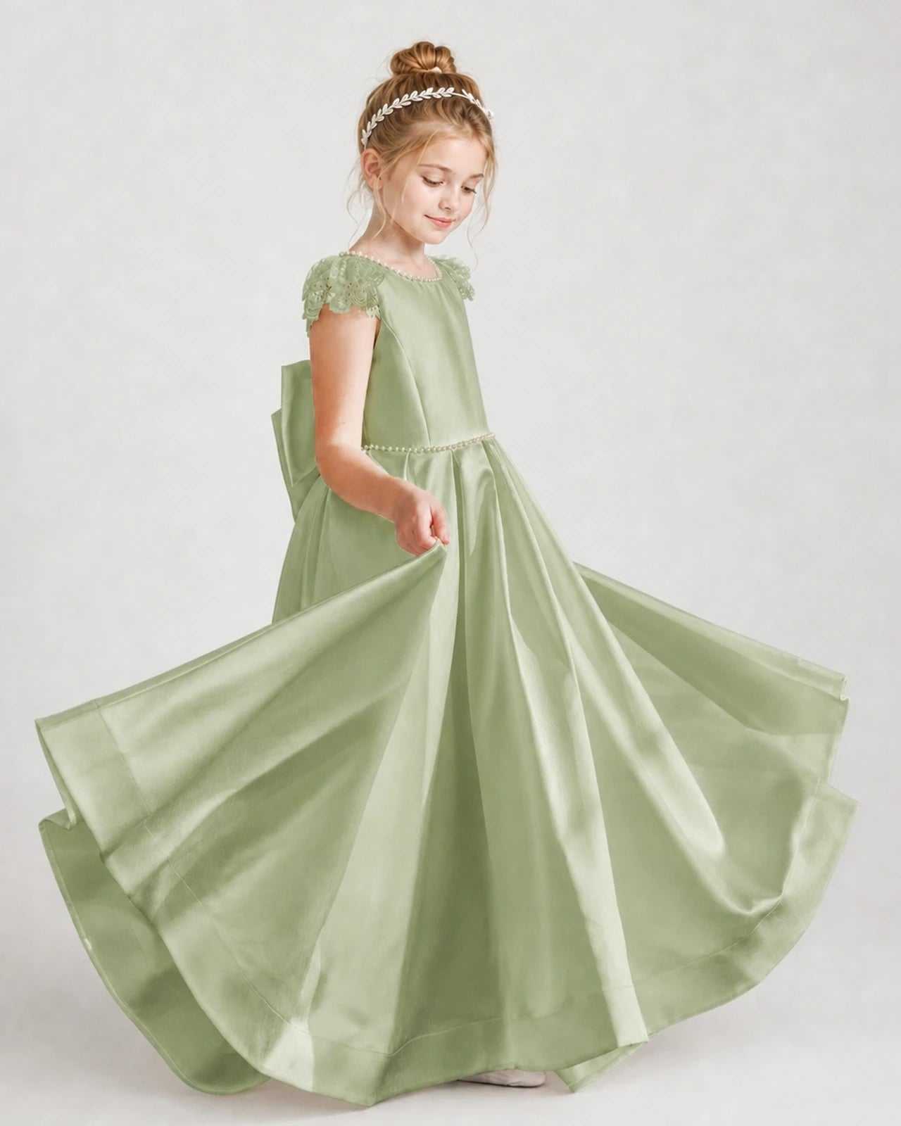 Dideyttawl Satin Girl Formal Dress with Lace Cap Sleeves