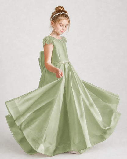 Dideyttawl Satin Girl Formal Dress with Lace Cap Sleeves