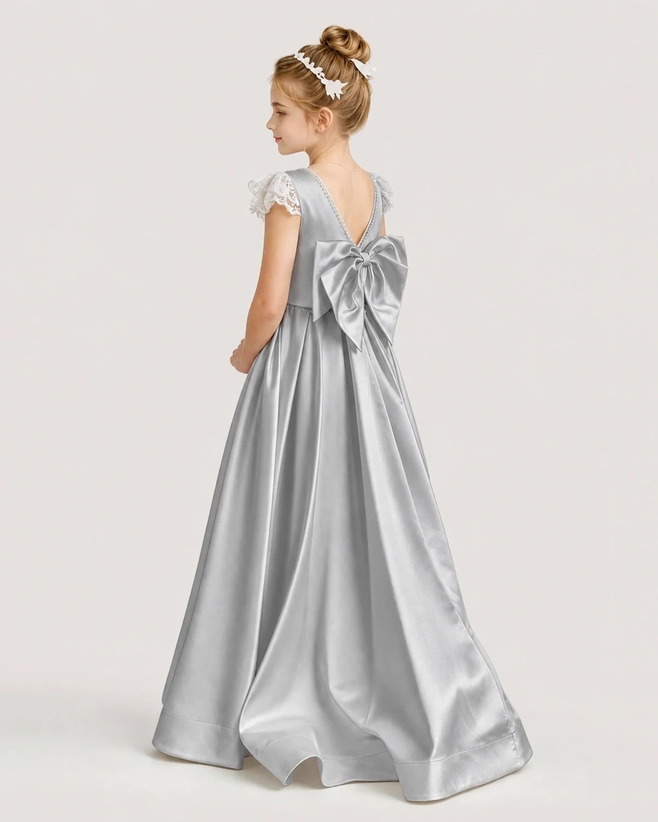 Dideyttawl Satin Girl Formal Dress with Lace Cap Sleeves