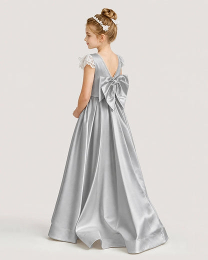 Dideyttawl Satin Girl Formal Dress with Lace Cap Sleeves