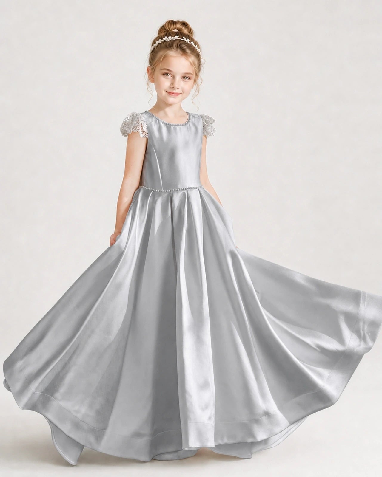 Dideyttawl Satin Girl Formal Dress with Lace Cap Sleeves