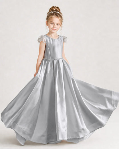 Dideyttawl Satin Girl Formal Dress with Lace Cap Sleeves