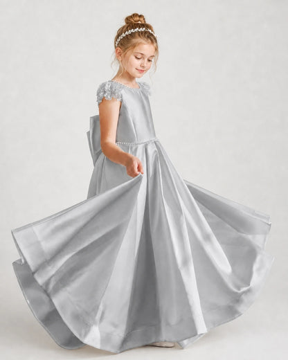 Dideyttawl Satin Girl Formal Dress with Lace Cap Sleeves