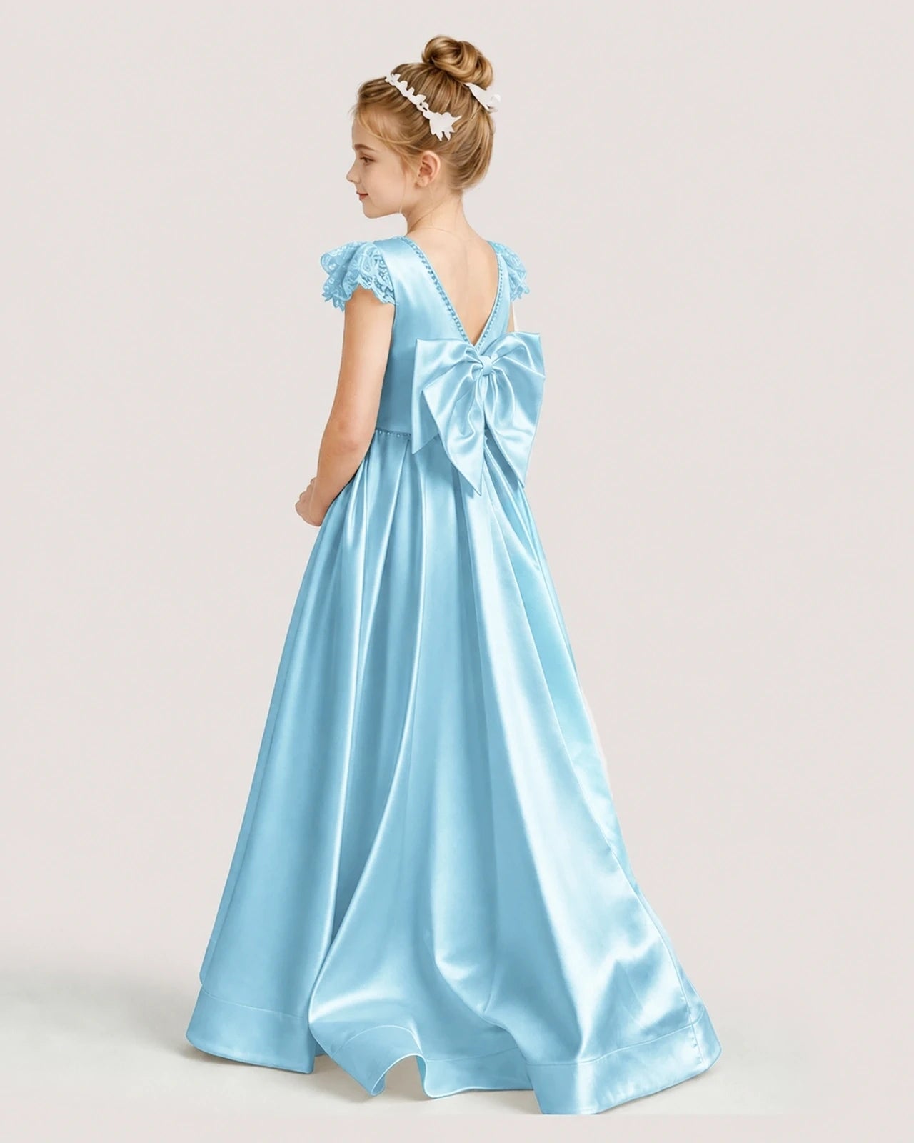 Dideyttawl Satin Girl Formal Dress with Lace Cap Sleeves