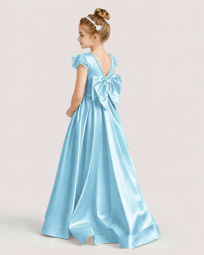 Dideyttawl Satin Girl Formal Dress with Lace Cap Sleeves