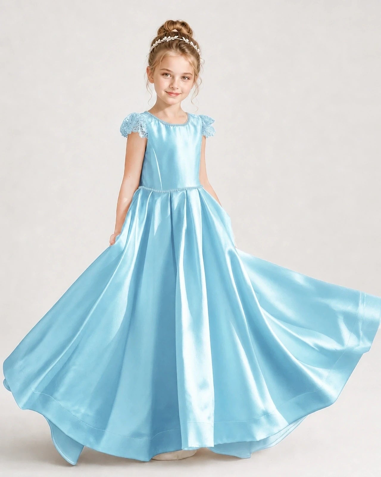 Dideyttawl Satin Girl Formal Dress with Lace Cap Sleeves