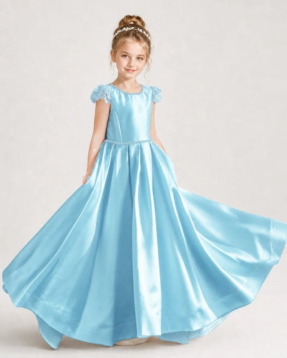 Dideyttawl Satin Girl Formal Dress with Lace Cap Sleeves