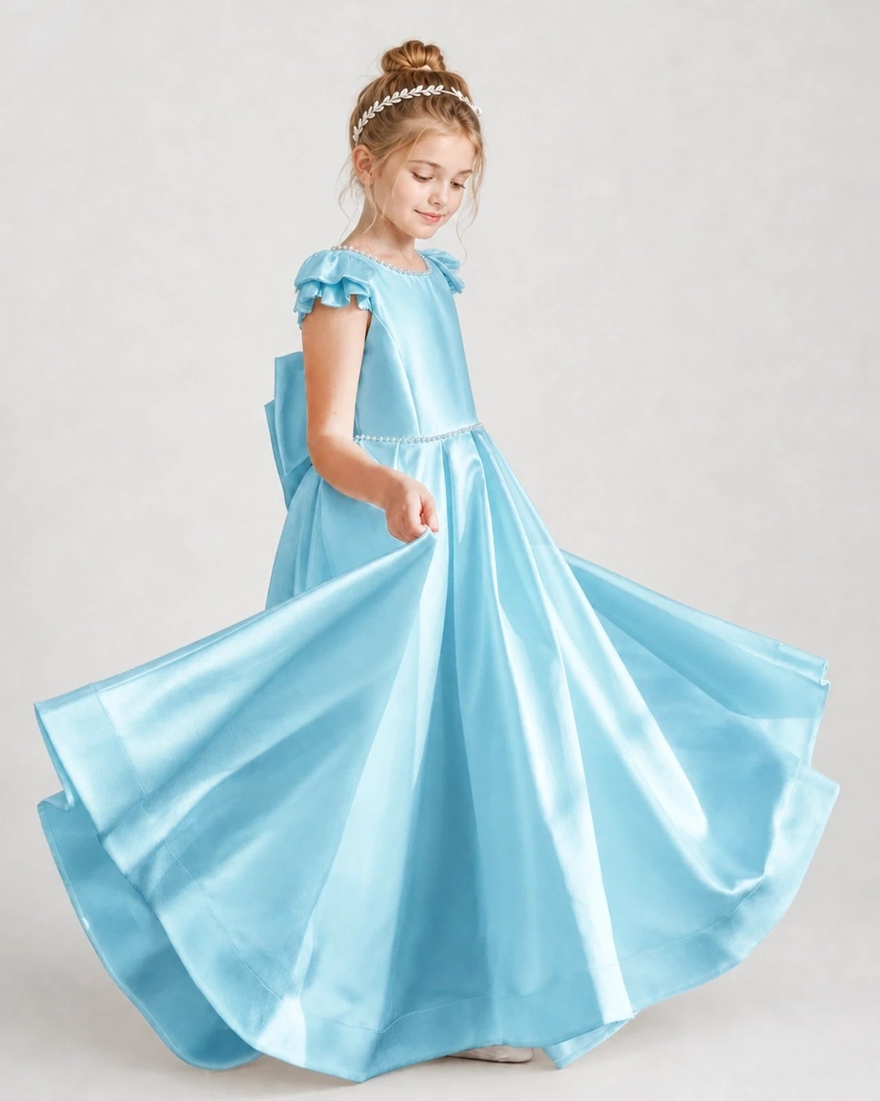 Dideyttawl Satin Girl Formal Dress with Lace Cap Sleeves