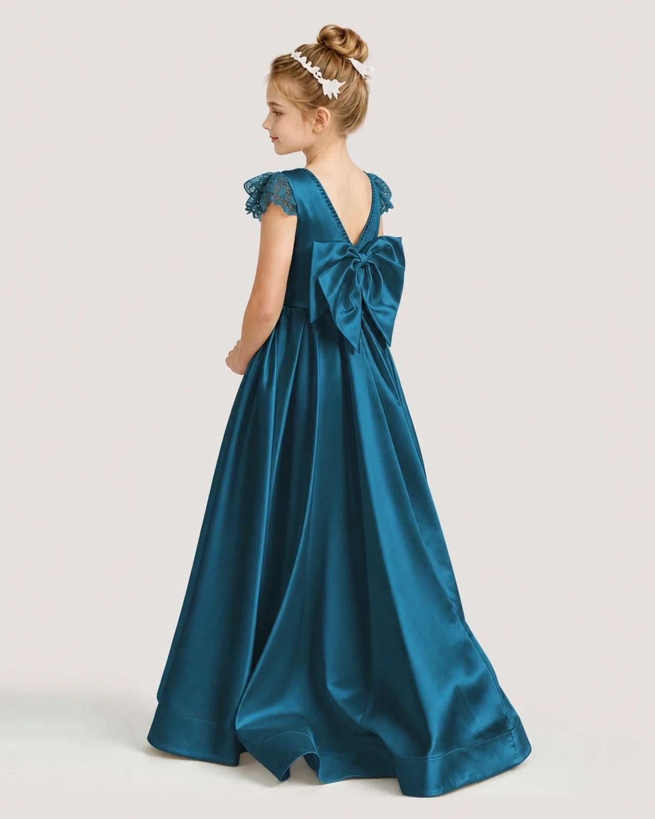 Dideyttawl Satin Girl Formal Dress with Lace Cap Sleeves