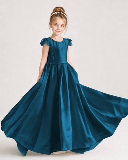 Dideyttawl Satin Girl Formal Dress with Lace Cap Sleeves
