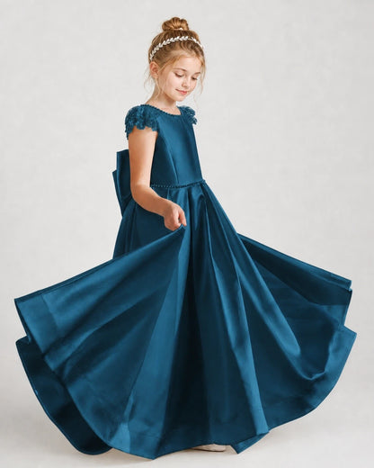 Dideyttawl Satin Girl Formal Dress with Lace Cap Sleeves