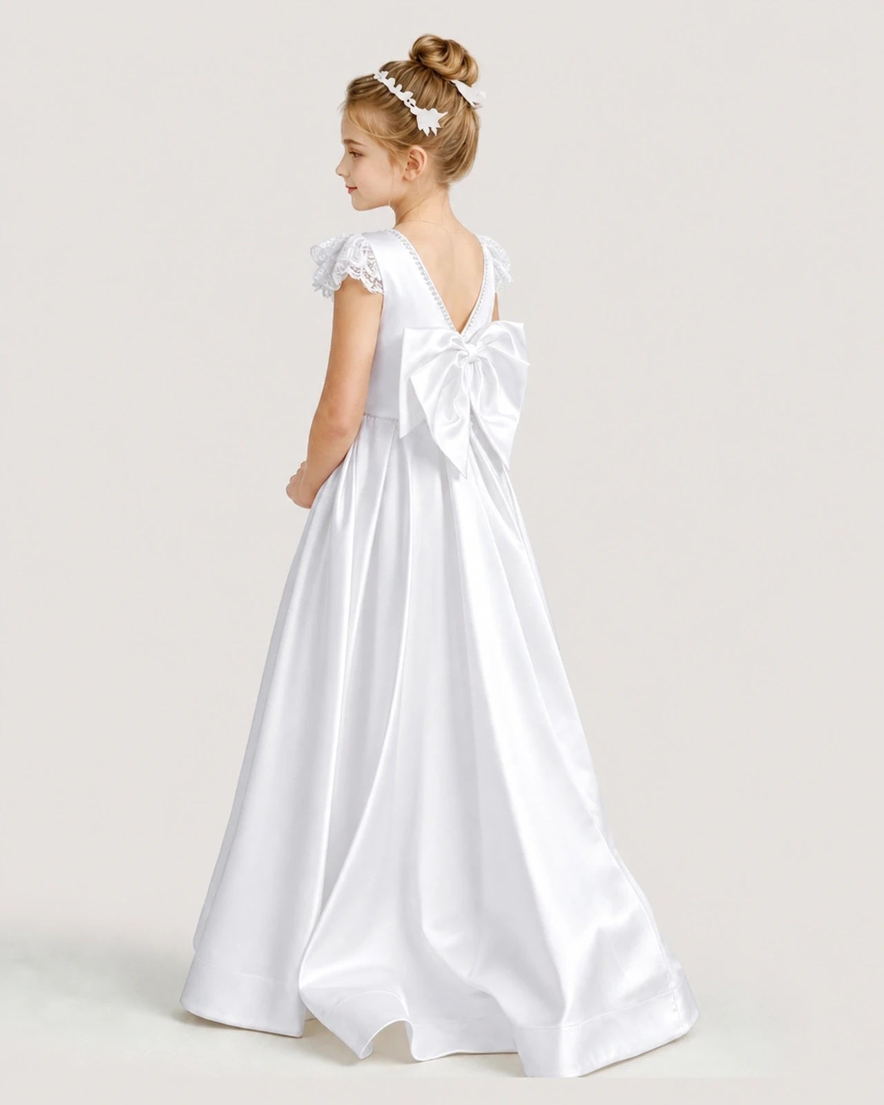 Dideyttawl Satin Girl Formal Dress with Lace Cap Sleeves