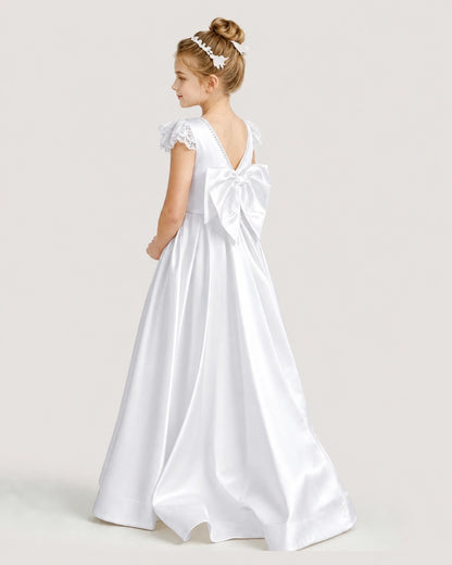 Dideyttawl Satin Girl Formal Dress with Lace Cap Sleeves
