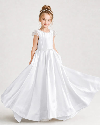 Dideyttawl Satin Girl Formal Dress with Lace Cap Sleeves