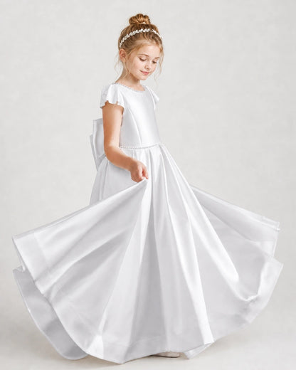Dideyttawl Satin Girl Formal Dress with Lace Cap Sleeves