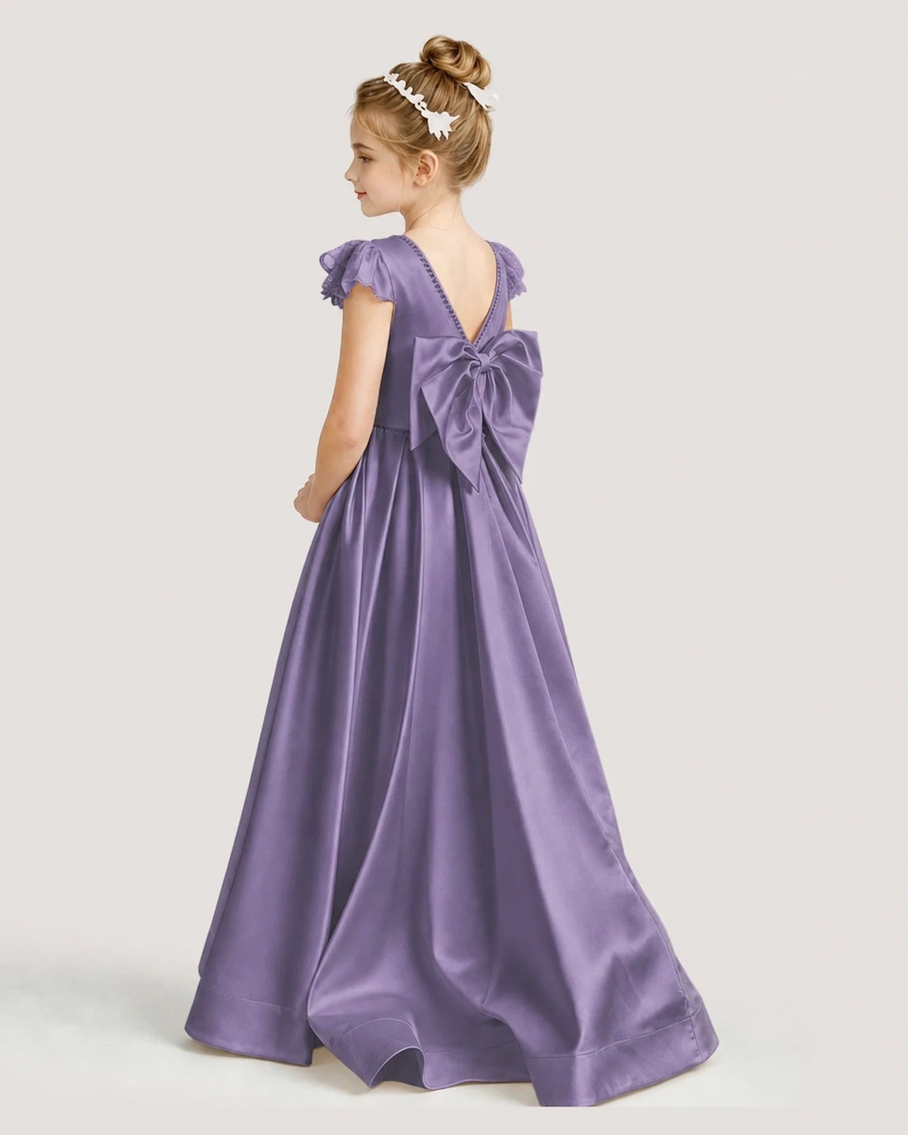 Dideyttawl Satin Girl Formal Dress with Lace Cap Sleeves