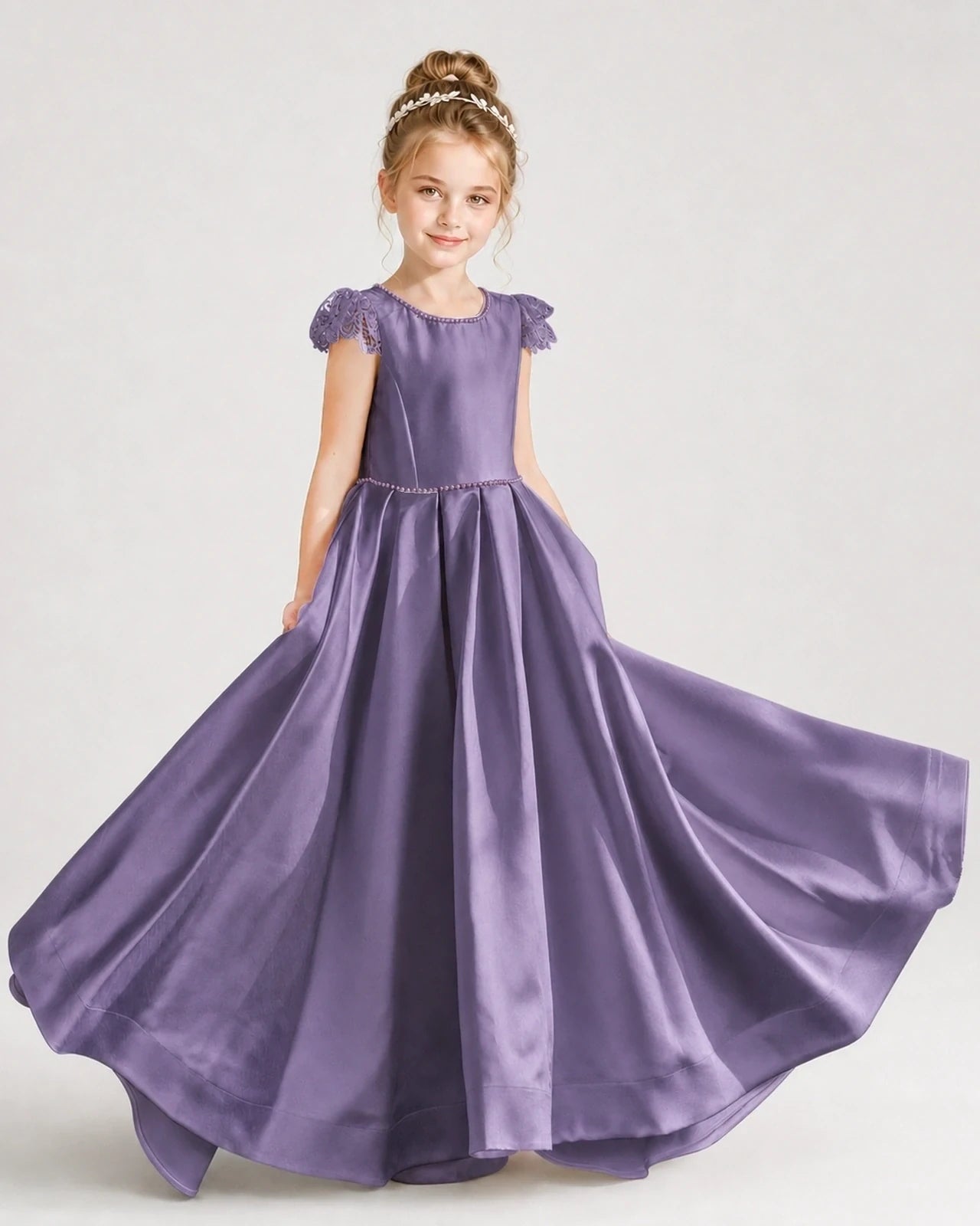 Dideyttawl Satin Girl Formal Dress with Lace Cap Sleeves