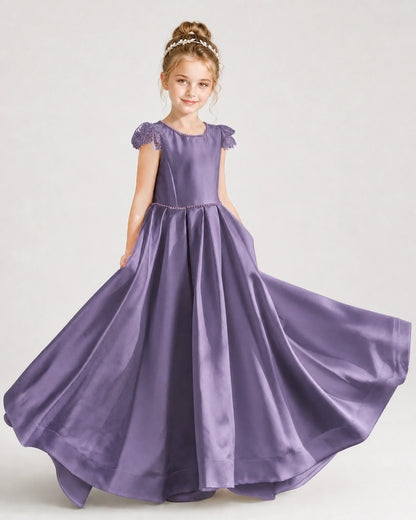Dideyttawl Satin Girl Formal Dress with Lace Cap Sleeves