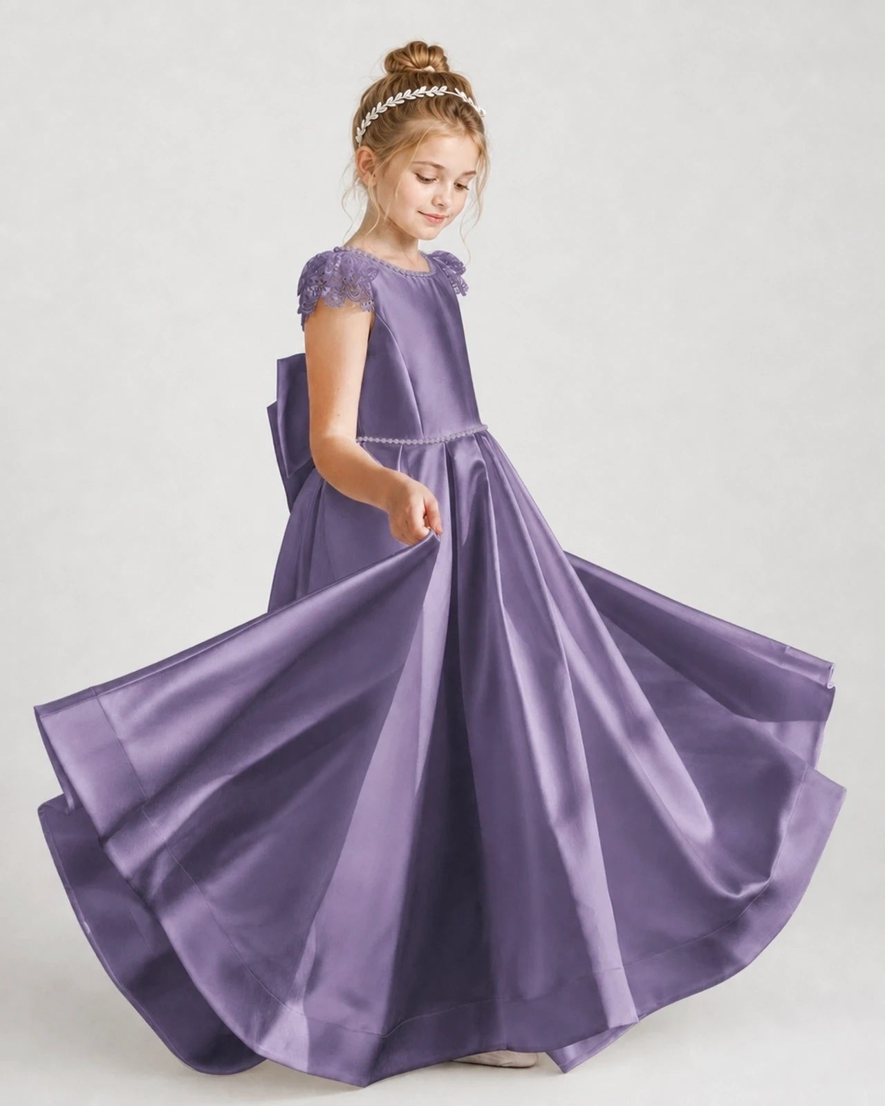 Dideyttawl Satin Girl Formal Dress with Lace Cap Sleeves