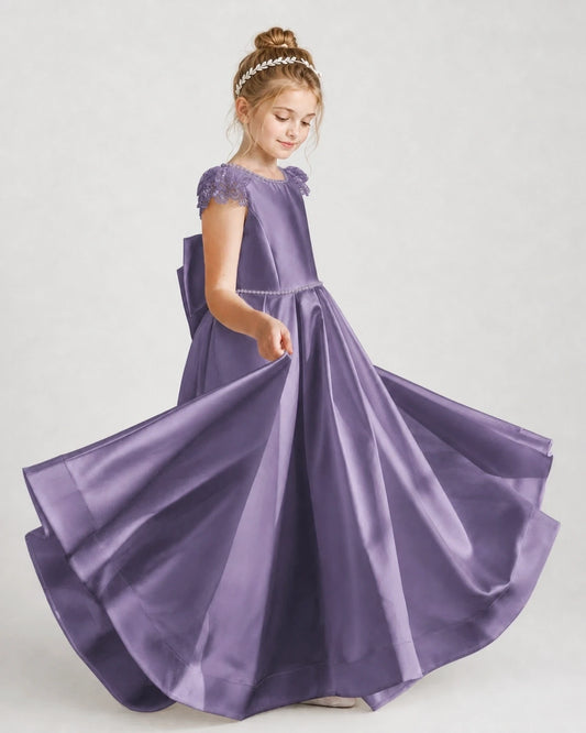 Dideyttawl Satin Girl Formal Dress with Lace Cap Sleeves
