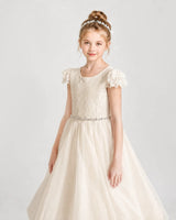 Champagne Lace A-line First Communion Dress Front View