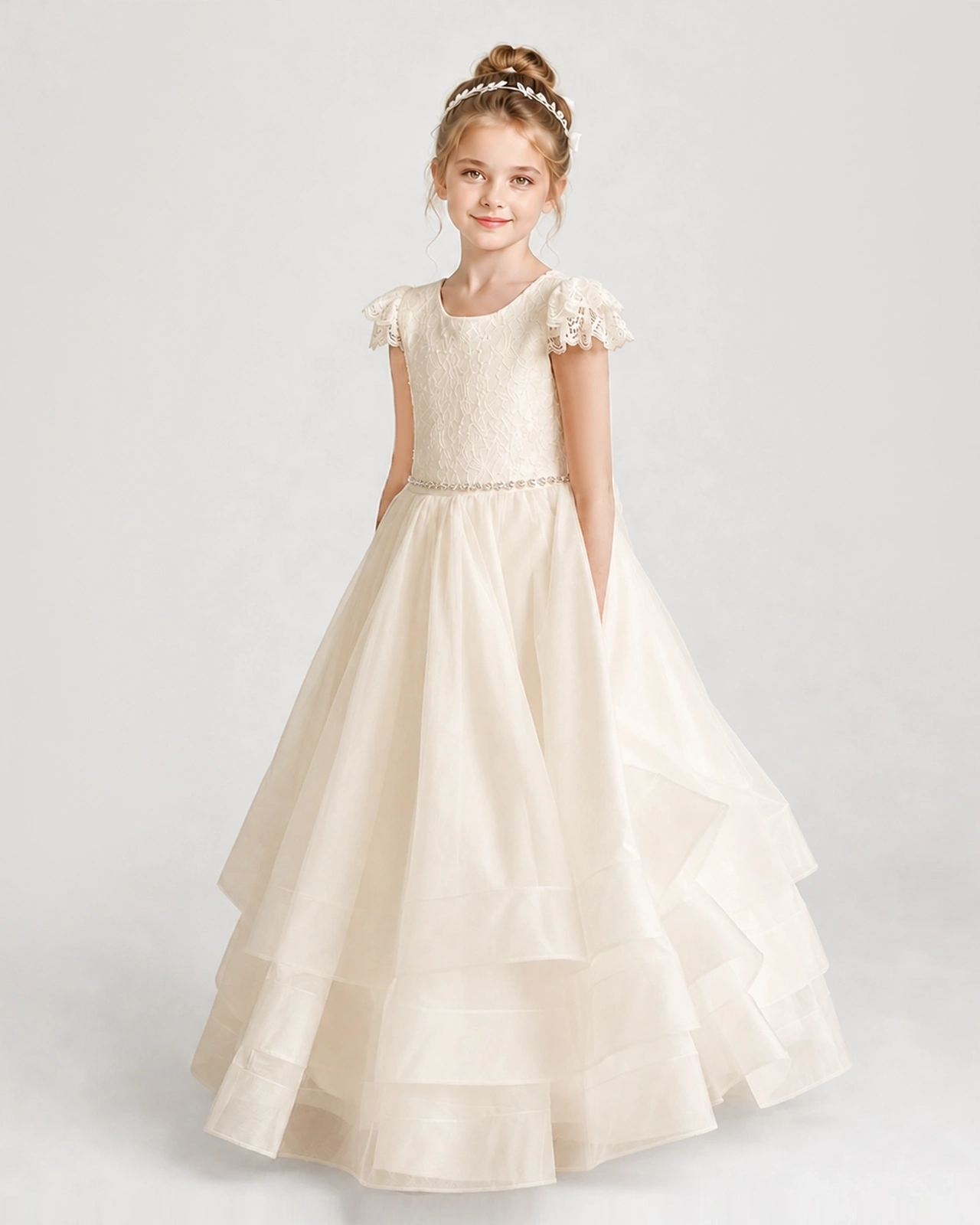 Champagne First Communion Dresses Lace Bodice Bow Back Layered Tulle Floor-Length Gown Front view