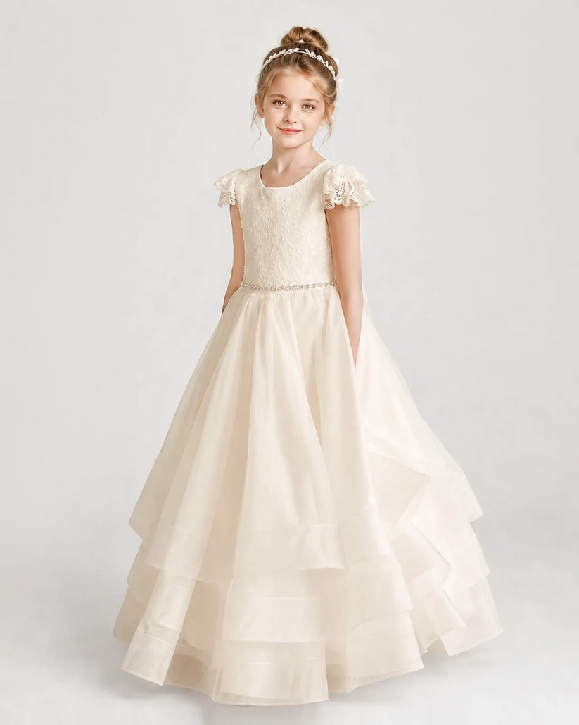 Champagne Tulle A-line First Communion Dress Front View