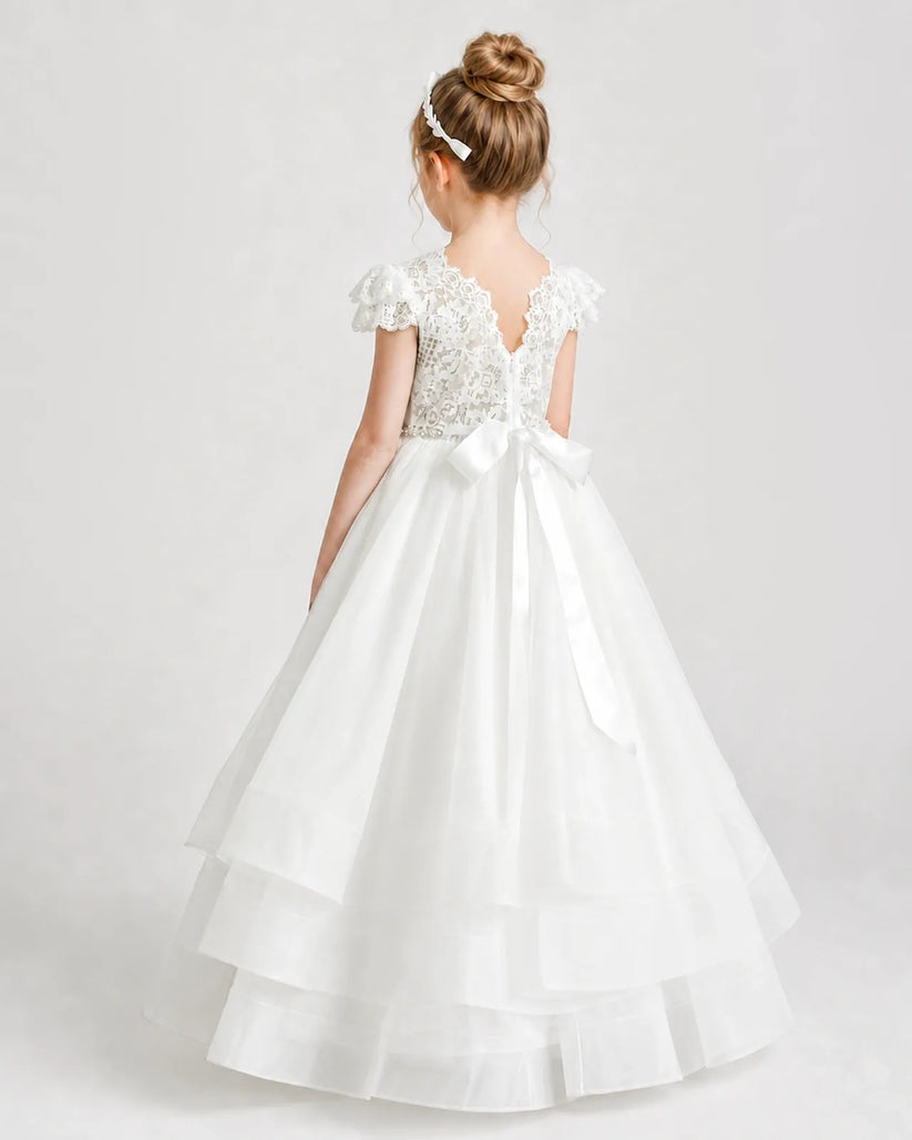 Ivory Lace A-line First Communion Dress Back View