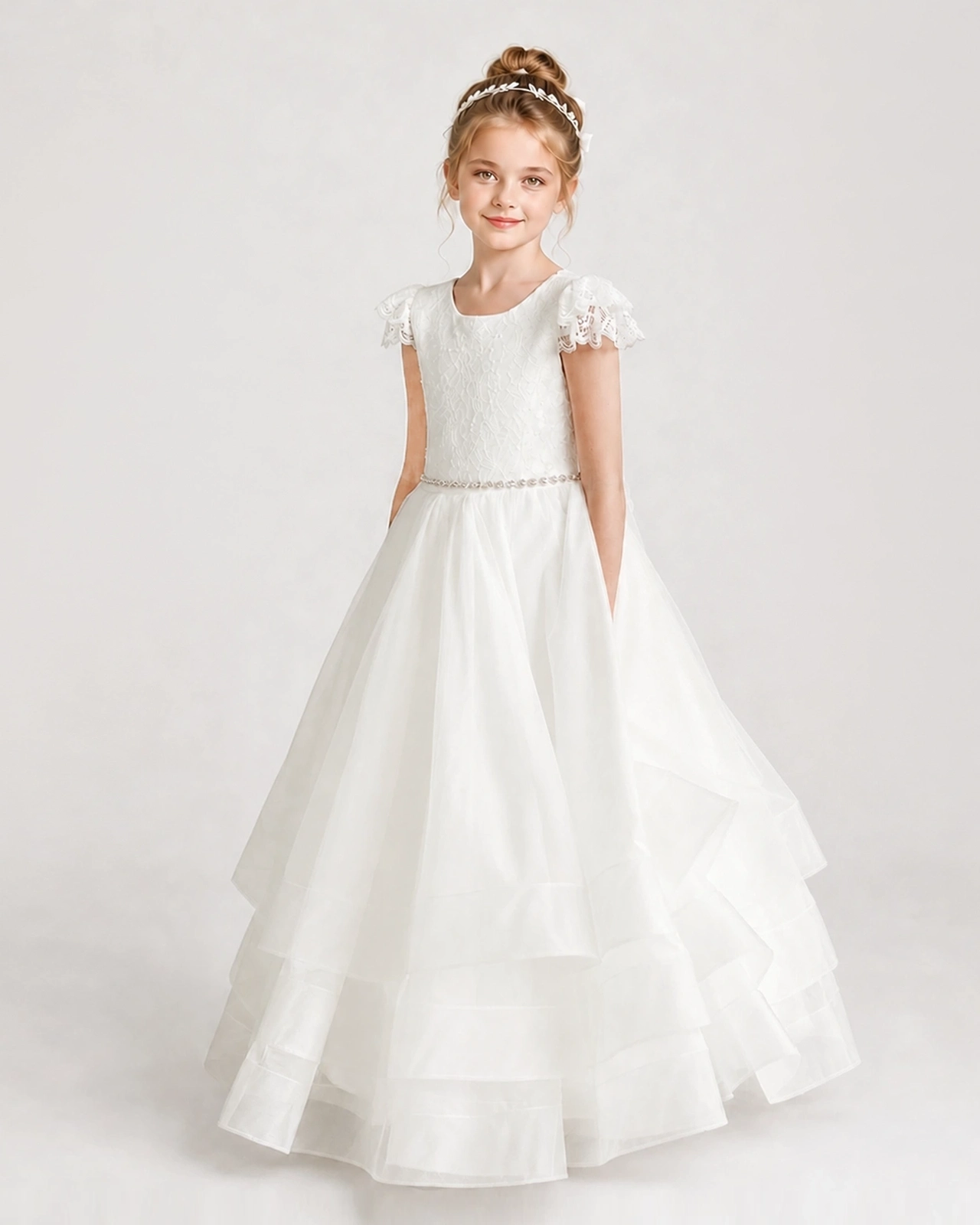 Ivory First Communion Dresses Lace Bodice Bow Back Layered Tulle Floor-Length Gown Front view