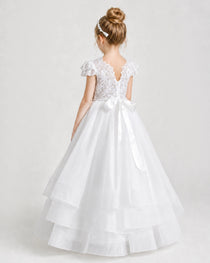 White First Communion Dresses Lace Bodice Bow Back Layered Tulle Floor-Length Gown Back view