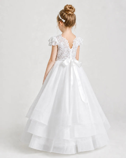 White Tulle Ball Gown First Communion Dress Back View