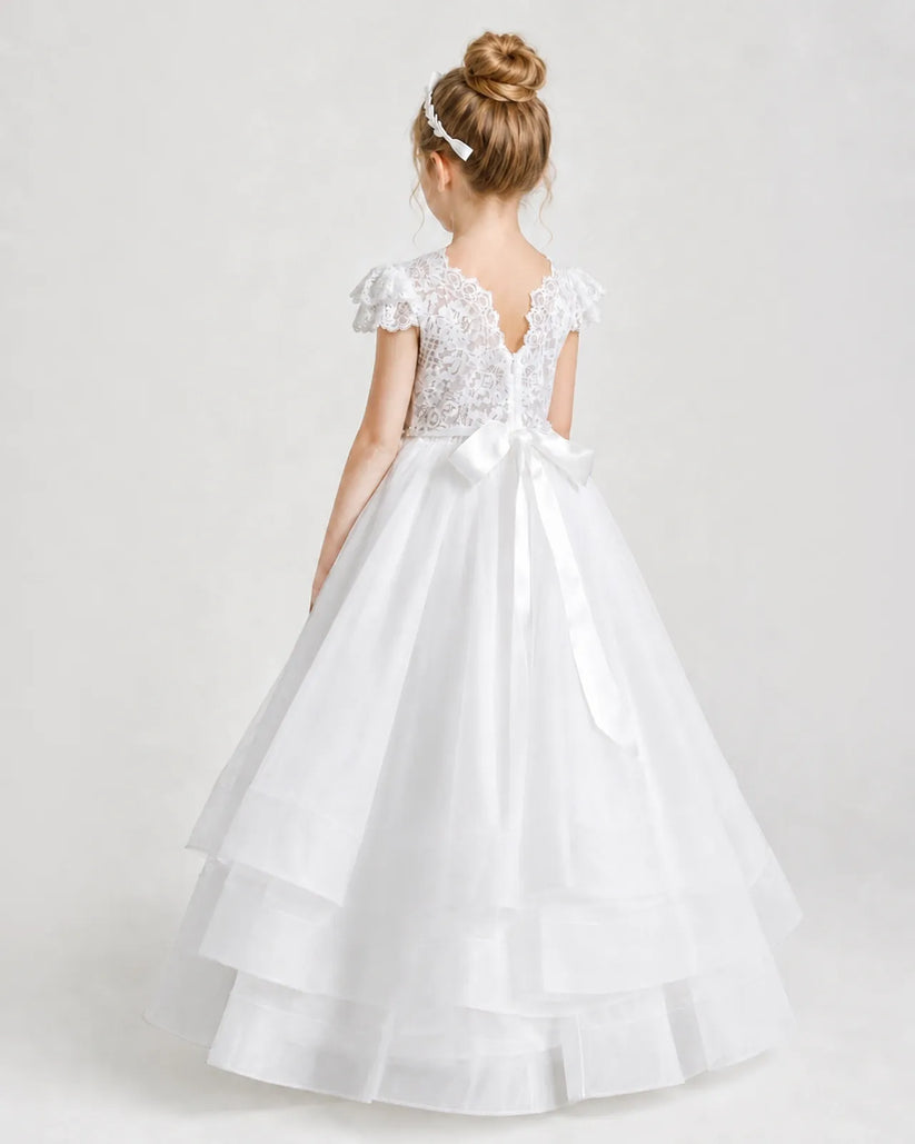 White Tulle Ball Gown First Communion Dress Back View