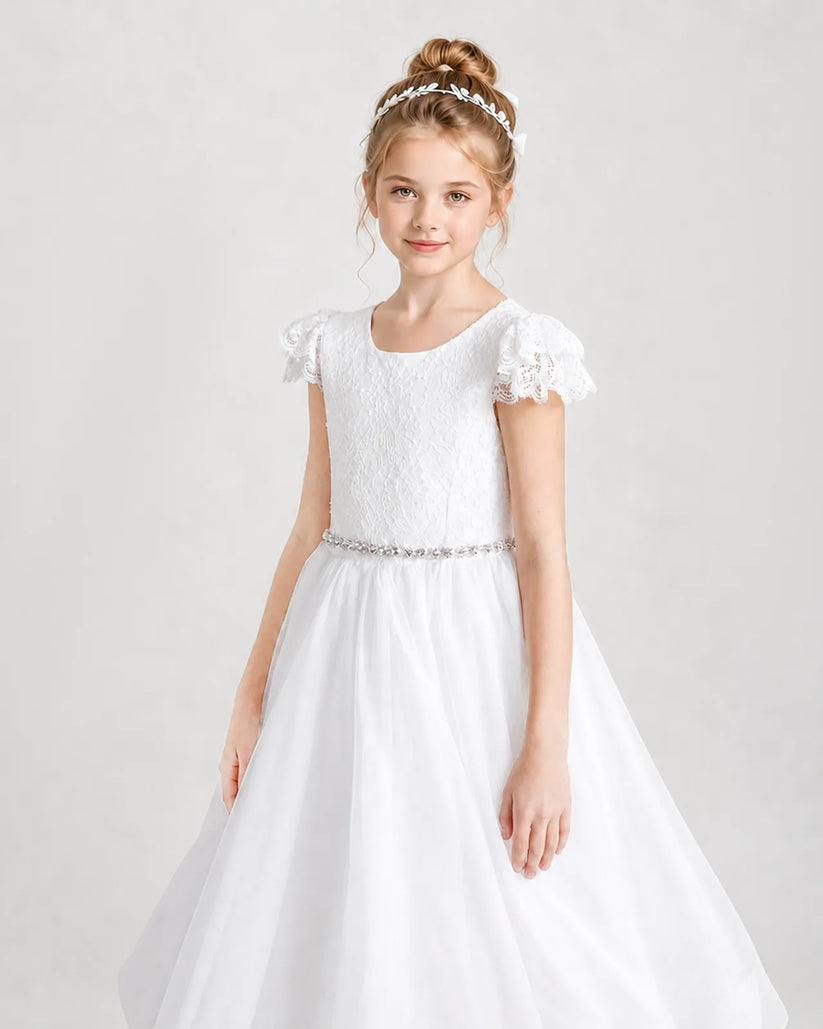 White Lace A-line First Communion Dress Front View