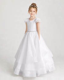 White First Communion Dresses Lace Bodice Bow Back Layered Tulle Floor-Length Gown Front view