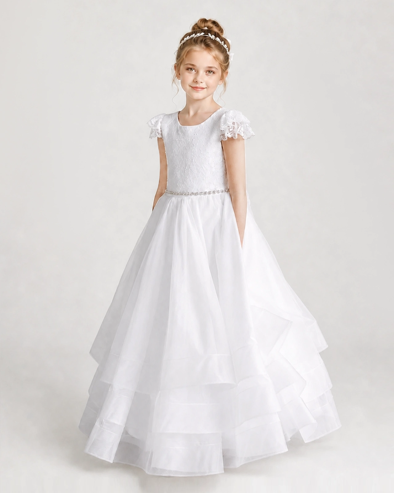 White First Communion Dresses Lace Bodice Bow Back Layered Tulle Floor-Length Gown Front view