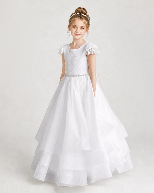 White Tulle A-line First Communion Dress Front View