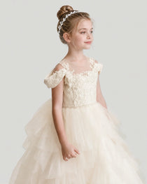 Champagne Flower Girl Dresses Off-Shoulder Lace Pearl Button Tiered Tulle Gown Side view