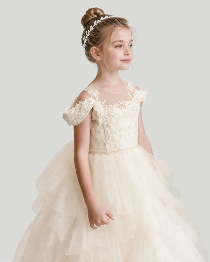 Champagne Flower Girl Dresses Off-Shoulder Lace Pearl Button Tiered Tulle Gown Side view
