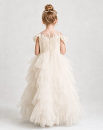 Champagne Flower Girl Dresses Off-Shoulder Lace Pearl Button Tiered Tulle Gown Back view