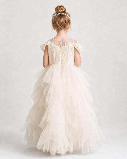 Champagne Flower Girl Dresses Off-Shoulder Lace Pearl Button Tiered Tulle Gown Back view