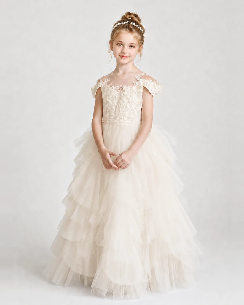 Champagne Tulle Ball Gown Pageant Dress Front View