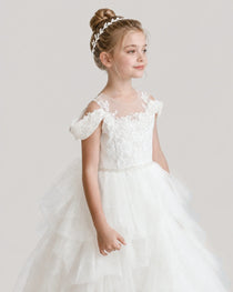 Ivory Flower Girl Dresses Off-Shoulder Lace Pearl Button Tiered Tulle Gown Side view