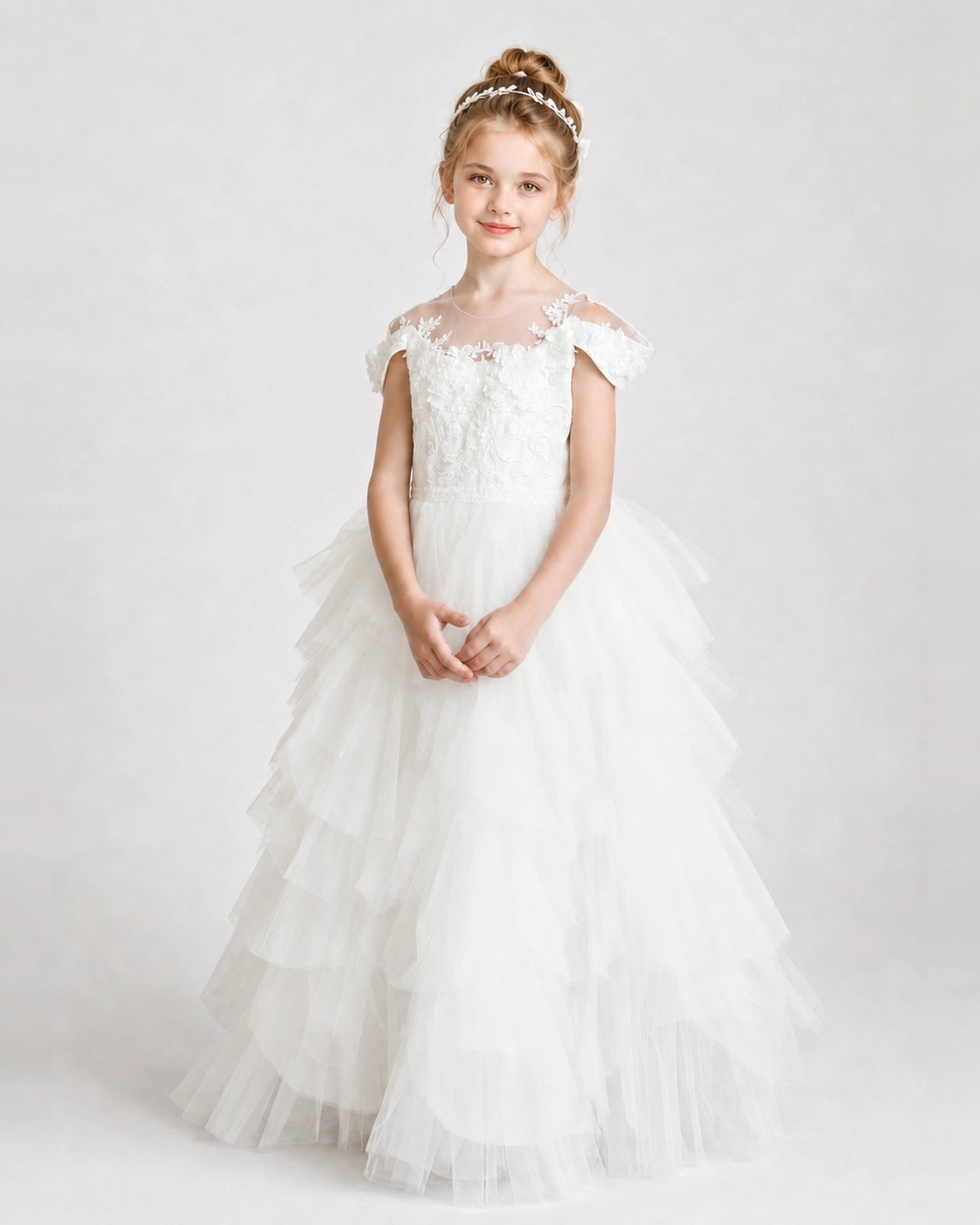 Ivory Flower Girl Dresses Off-Shoulder Lace Pearl Button Tiered Tulle Gown Front view