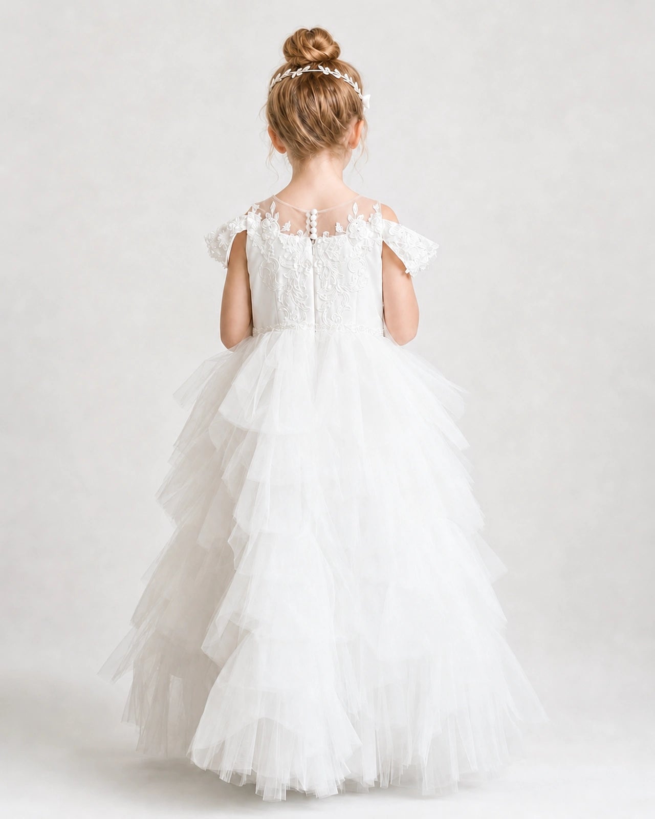 Ivory Flower Girl Dresses Off-Shoulder Lace Pearl Button Tiered Tulle Gown Back view