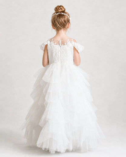 Ivory Flower Girl Dresses Off-Shoulder Lace Pearl Button Tiered Tulle Gown Back view