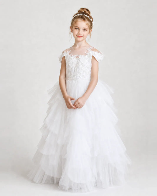 White Tulle Ball Gown Pageant Dress Front View