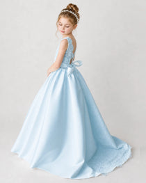 Satin Babyblue Lace A-line Flower Girl Dress Back View