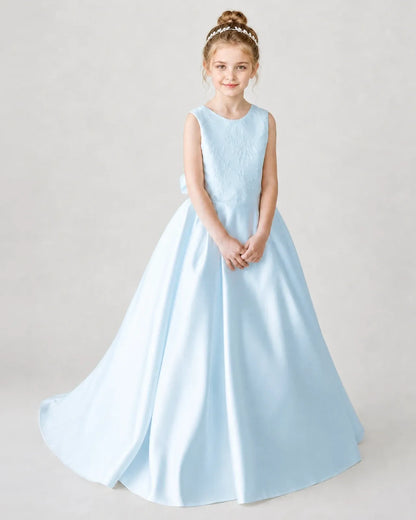 Satin Babyblue Lace A-line Flower Girl Dress Front View