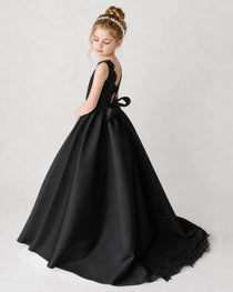 Satin Black Lace A-line Flower Girl Dress Back View
